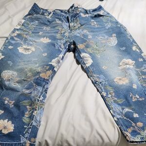Floral Patterned Blue Wide Leg Jeans
